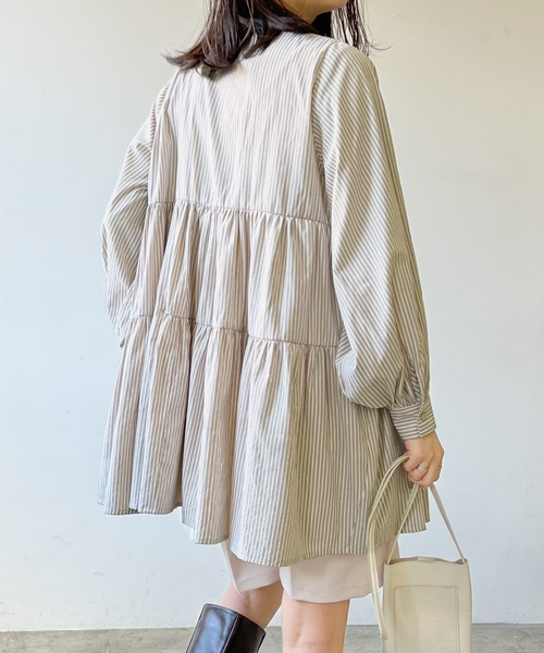 LIAN（リアン）の「ストライプティアードミニワンピース（シャツワンピース・レディース・ベージュ/ブルー/ネイビー/オレンジ・FREE）」の16枚目の写真