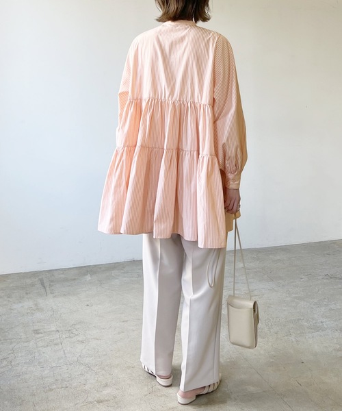 LIAN（リアン）の「ストライプティアードミニワンピース（シャツワンピース・レディース・ベージュ/ブルー/ネイビー/オレンジ・FREE）」の19枚目の写真