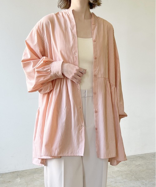 LIAN（リアン）の「ストライプティアードミニワンピース（シャツワンピース・レディース・ベージュ/ブルー/ネイビー/オレンジ・FREE）」の22枚目の写真