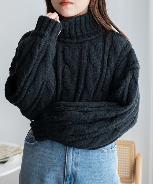 WEGO(ウィゴー)の「WEGO/ケーブルタートルニット(ニット/セーター・レディース・ブラック/アイボリー/パープル・FREE)」の11枚目の写真