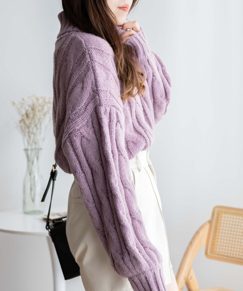 WEGO(ウィゴー)の「WEGO/ケーブルタートルニット(ニット/セーター・レディース・ブラック/アイボリー/パープル・FREE)」の18枚目の写真