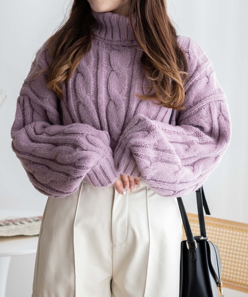 WEGO(ウィゴー)の「WEGO/ケーブルタートルニット(ニット/セーター・レディース・ブラック/アイボリー/パープル・FREE)」の19枚目の写真