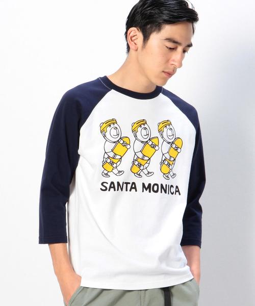 coen(コーエン)の「PARKIES(パーキーズ)SANTA MONICAプリント7分袖ラグランTシャツ(Tシャツ/カットソー・メンズ・ネイビー・LARGE/SMALL/MEDIUM/X-LARGE)」の1枚目の写真