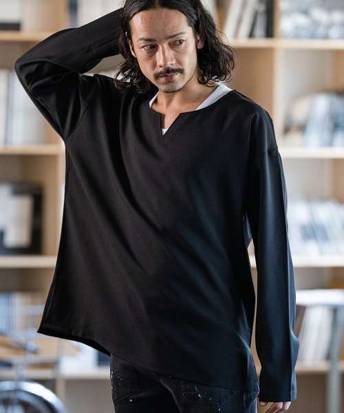 CAMBIO(カンビオ)の「mlt4214-キーネックカットソー(Tシャツ/カットソー・メンズ・ブラック/グレー/ベージュ・L/M)」の2枚目の写真
