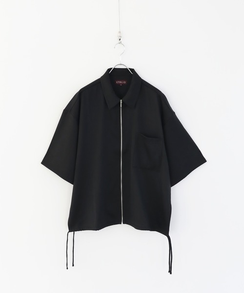 On ブラック ジップアップシャツ ビッグシルエットスリット入りサイドレースジップシャツ（シャツ