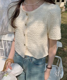 韓国フレンチシック。くしゅくしゅノーカラー半袖ジャケット