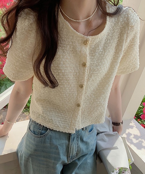 Girly Doll(ガーリードール)の「韓国フレンチシック。くしゅくしゅノーカラー半袖ジャケット(ノーカラージャケット・レディース・ホワイト/ベージュ・M/L)」の7枚目の写真