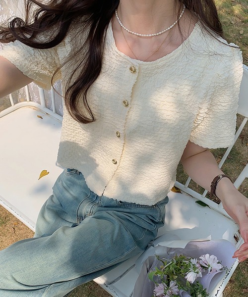 Girly Doll(ガーリードール)の「韓国フレンチシック。くしゅくしゅノーカラー半袖ジャケット(ノーカラージャケット・レディース・ホワイト/ベージュ・M/L)」の3枚目の写真