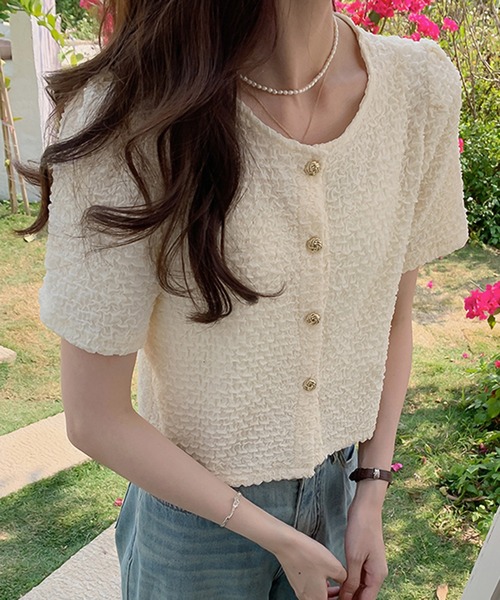 Girly Doll(ガーリードール)の「韓国フレンチシック。くしゅくしゅノーカラー半袖ジャケット(ノーカラージャケット・レディース・ホワイト/ベージュ・M/L)」の11枚目の写真