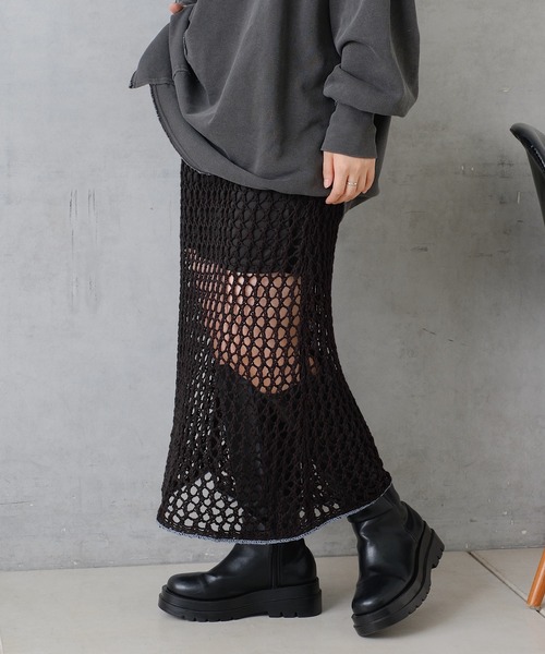 Kastane（カスタネ）の「メッシュニットスカート（スカート・レディース・アイボリー/ブラック・FREE）」の2枚目の写真