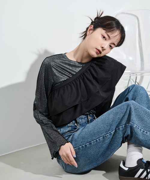 paravion（パラビオン）の「フリル襟付きラメメロートップス（Tシャツ/カットソー・レディース・ピンク/ホワイト/ブラック・FREE）」の9枚目の写真