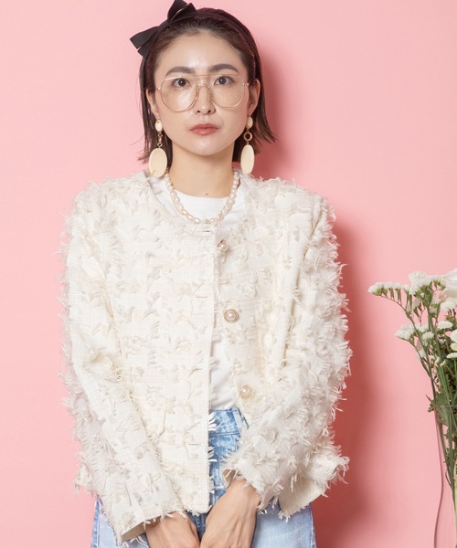 MHBG TOKYO(エムエイチビージートーキョー)の「ツッキリジャガード ノーカラージャケット(ノーカラージャケット・レディース・ブラック/アイボリー・FREE)」の14枚目の写真