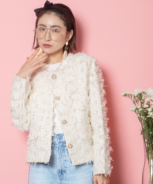 MHBG TOKYO(エムエイチビージートーキョー)の「ツッキリジャガード ノーカラージャケット(ノーカラージャケット・レディース・ブラック/アイボリー・FREE)」の15枚目の写真