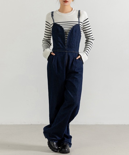 DAY CLOSET（デイ クローゼット）の「【ドラマ衣装提供/肩紐アジャスター調節可】華奢ストラップビスチェ風キャミソールデニムサロペット レディース（つなぎ/オールインワン・レディース・ネイビー・M/L）」の12枚目の写真