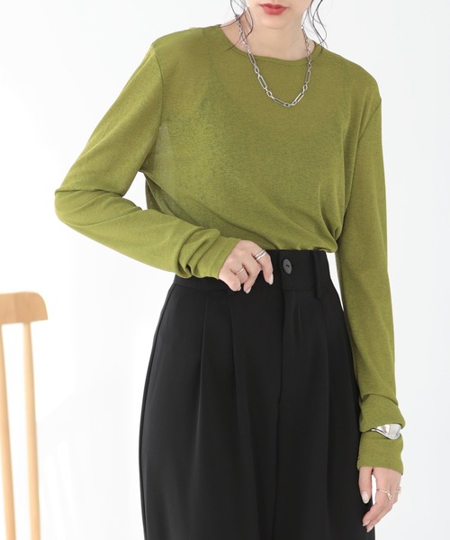 SUNFLOWER EIGHT（サンフラワーエイト）の「春に使いやすい！長袖シアートップス（Tシャツ/カットソー・レディース・ホワイト/ブラウン/ブルー/グレー/ブラック/オリーブ/バーガンディー/グリーン/チャコールグレー/ピンク/ダークブラウン・M/L）」の12枚目の写真