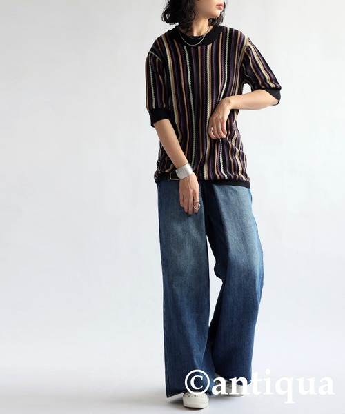 AXIS - グレー ストライプ カシミヤ半袖ニット trim_fce_item663450d8239fe.jpg