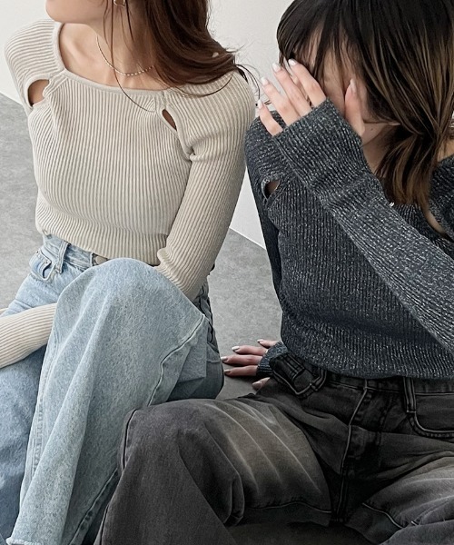 ニット セーター スリットショルダーラメニット／slit shoulder lame knit スリットショルダーニット ショルダーカット 肩開き カ セール】スリットショルダーラメニット／slit shoulder lame