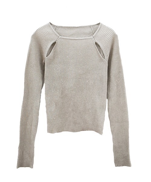 Reurie'（レウリィ）の「スリットショルダーラメニット / スリットショルダーニット ショルダーカット 肩開き カットショルダー オープンショルダー 白 黒 アイボリー ブラック ネイビー プルオーバー スクエアネック ミドル丈 ショート丈 コンパクト ラメニット ラメトップス 大人カジュアル きれいめ シンプル リブ オフィスルック（ニット/セーター・レディース・アイボリー/ネイビー/ブラック・FREE）」の6枚目の写真