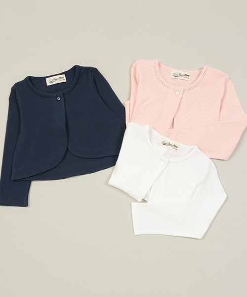 Love&Peace&Money（ラブアンドピースアンドマネー）の「パターンメッシュ長袖ボレロ（カーディガン/ボレロ・キッズ・ライトピンク/オフホワイト/ネイビー・80ｃｍ/90cm/100cm/110cm/120cm/130cm）」の4枚目の写真