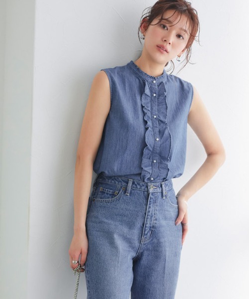 シャンブレーフリルノースリーブブラウス（シャツ/ブラウス）｜Pierrot