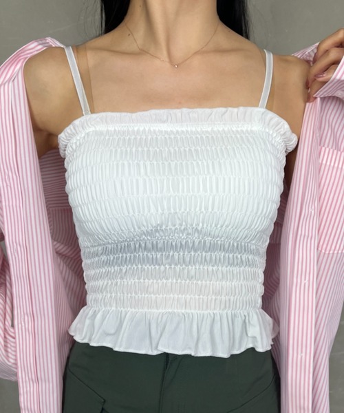 ｔｏｌｅｎｅ（トレネ）の「カップ付き 2way シャーリングフリルブラトップ キャミソール（キャミソール・レディース・ホワイト/ブラック・FREE）」の8枚目の写真