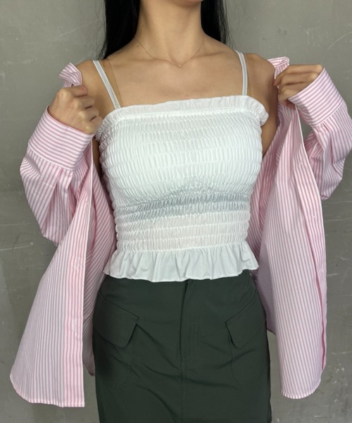 ｔｏｌｅｎｅ（トレネ）の「カップ付き 2way シャーリングフリルブラトップ キャミソール（キャミソール・レディース・ホワイト/ブラック・FREE）」の6枚目の写真