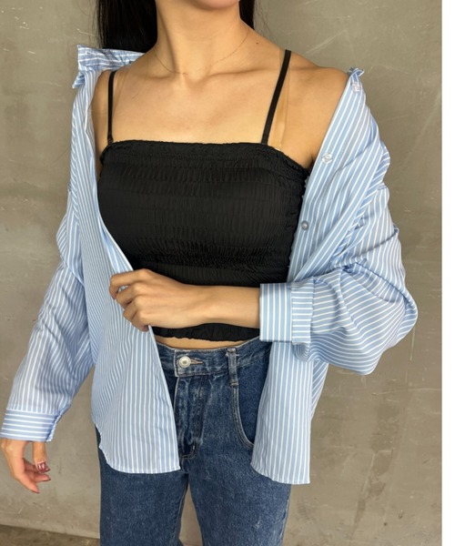 ｔｏｌｅｎｅ（トレネ）の「カップ付き 2way シャーリングフリルブラトップ キャミソール（キャミソール・レディース・ホワイト/ブラック・FREE）」の5枚目の写真