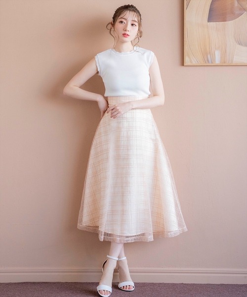 SWINGLE(スウィングル)の「スパンチェックチュールフレアスカート(スカート・レディース・サックスブルー/ピンク/ブラック・FREE)」の1枚目の写真