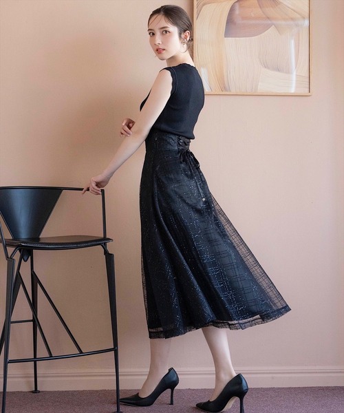 SWINGLE(スウィングル)の「スパンチェックチュールフレアスカート(スカート・レディース・サックスブルー/ピンク/ブラック・FREE)」の10枚目の写真