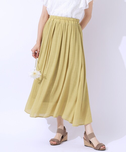 DRESKIP(ドレスキップ)の「◆ふんわりさらさら スラブギャザースカート(スカート・レディース・イエロー系その他/ライトベージュ/ブルーグリーン/ネイビー・02/03/04)」の4枚目の写真