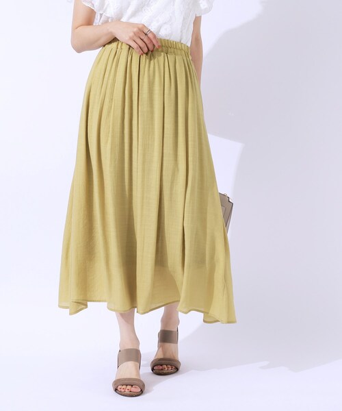 DRESKIP(ドレスキップ)の「◆ふんわりさらさら スラブギャザースカート(スカート・レディース・イエロー系その他/ライトベージュ/ブルーグリーン/ネイビー・02/03/04)」の5枚目の写真