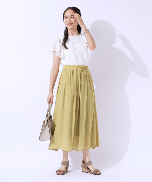 DRESKIP(ドレスキップ)の「◆ふんわりさらさら スラブギャザースカート(スカート・レディース・イエロー系その他/ライトベージュ/ブルーグリーン/ネイビー・02/03/04)」の7枚目の写真