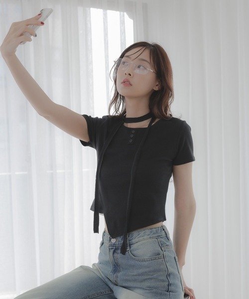 3.3 Field Trip （3.3フィールドトリップ）の「3.3 Field Trip／マフラーツキボタンT（Tシャツ/カットソー・レディース・ホワイト/シルバーグレー/ブルー・FREE）」の3枚目の写真