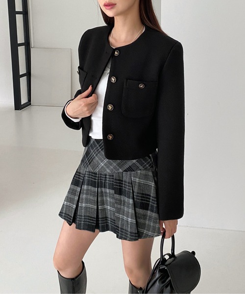 by muni:r（バイ ムニール）の「ハーフプリーツチェックスカート（スカート・レディース・ブラック/ブラウン・SMALL/MEDIUM）」の10枚目の写真