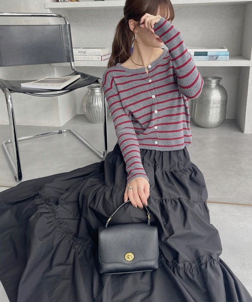 Ada.（エイダ）の「クルーネック ベーシックサイズ ボーダー カーディガン（カーディガン/ボレロ・レディース・ネイビー/ベージュ/グレー/レッド/ホワイト・FREE）」の19枚目の写真