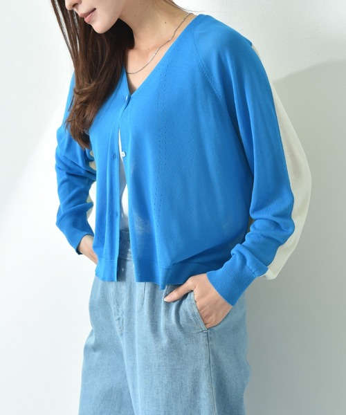INTERPLANET（インタープラネット）の「【ＵＶ加工・ウォッシャブル】バイカラーＶネックカーディガン（カーディガン/ボレロ・レディース・ブルー/ブラック・FREE）」の21枚目の写真