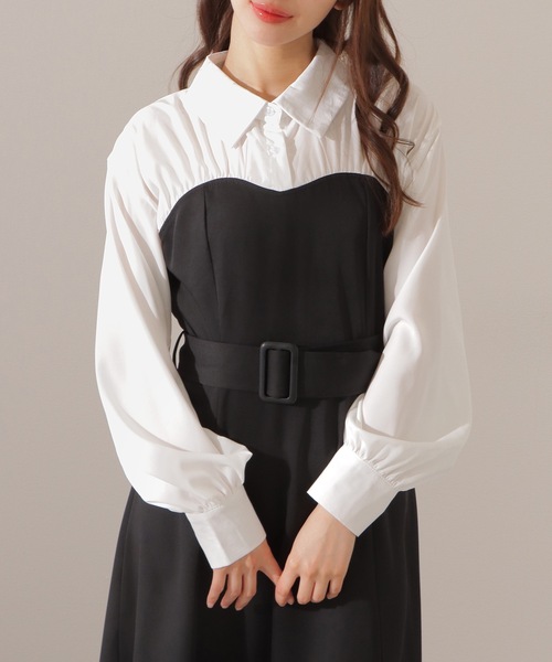 Lace Ladies(レースレディース)の「ウエストギャザー ハイウエスト ブラウス ドッキング ワンピース(ワンピース・レディース・ネイビー/ブラック/ピンク・FREE/S)」の1枚目の写真