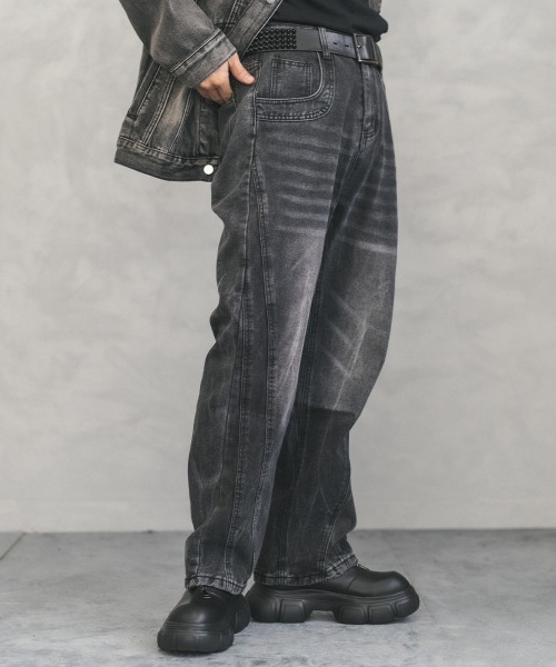 Vintage wash side cut curve denim pants / ビンテージウォッシュサイドカットカーブデニムパンツ（デニムパンツ）｜Shoowtime（ショウタイム）