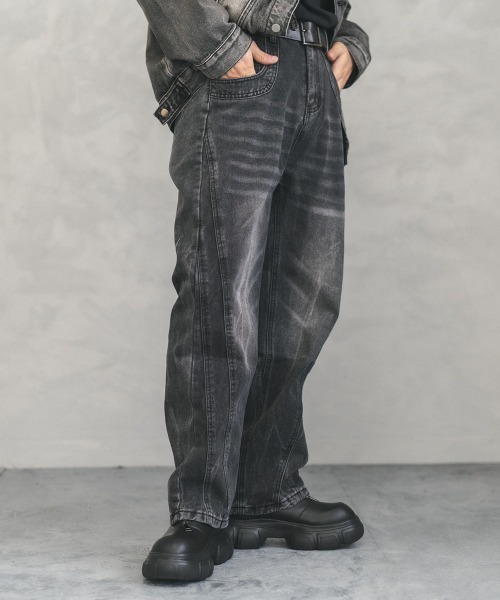 Vintage wash side cut curve denim pants / ビンテージウォッシュサイドカットカーブデニムパンツ（デニムパンツ）｜Shoowtime（ショウタイム）