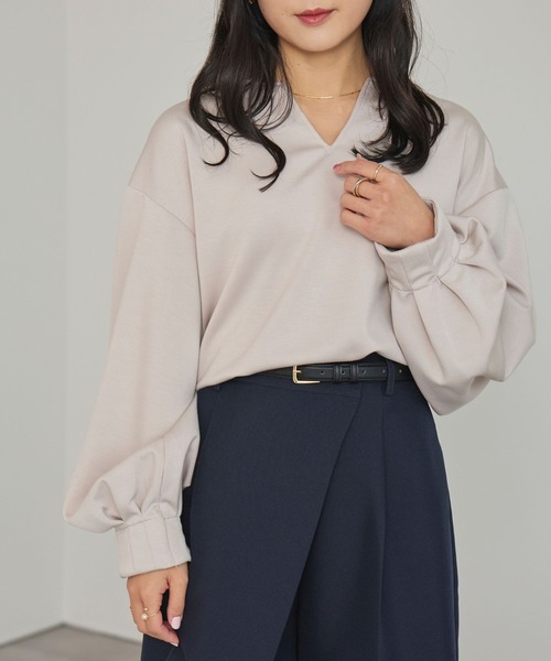 ■AKM■デュアルウォームベアポン L/S キーネック長袖カットソー セール】キーネックボリュームスリーブトップス（Tシャツ
