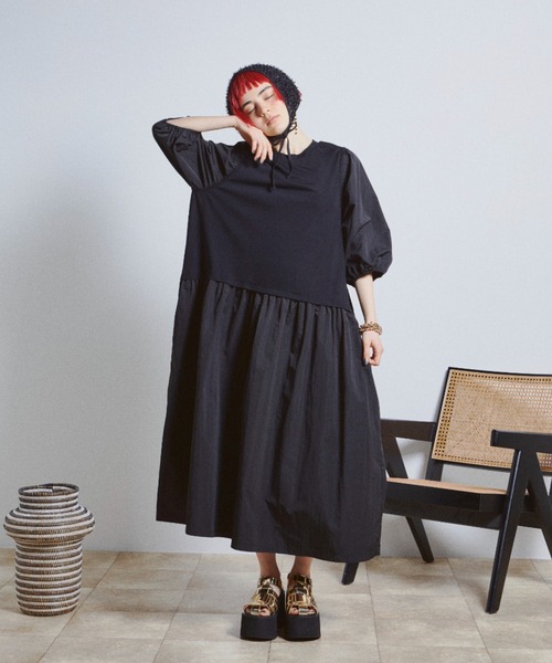 バルーンスリーブ異素材ワンピース（ワンピース）｜manana