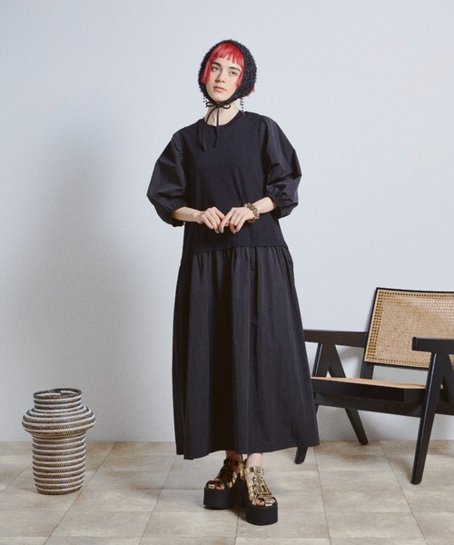 バルーンスリーブ異素材ワンピース（ワンピース）｜manana suerte