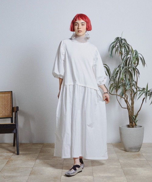 バルーンスリーブ異素材ワンピース（ワンピース）｜manana suerte