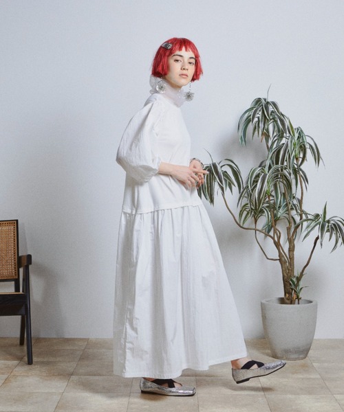 バルーンスリーブ異素材ワンピース（ワンピース）｜manana suerte