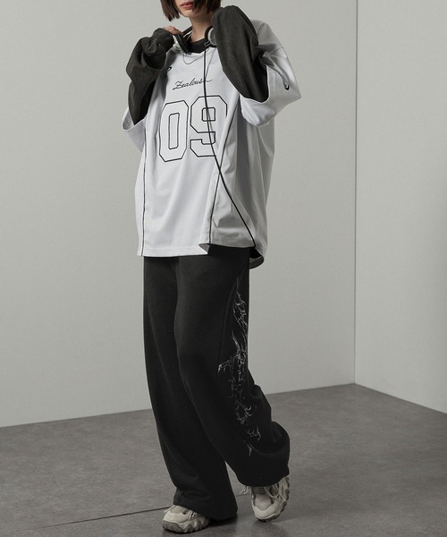 Alfred Alex（アルフレッドアレックス）の「【Alfred Alex 】クラックプリント裾ドローコードワイドスウェットパンツ（スウェットパンツ・メンズ・ブラック/グレー・S/M/L）」の7枚目の写真