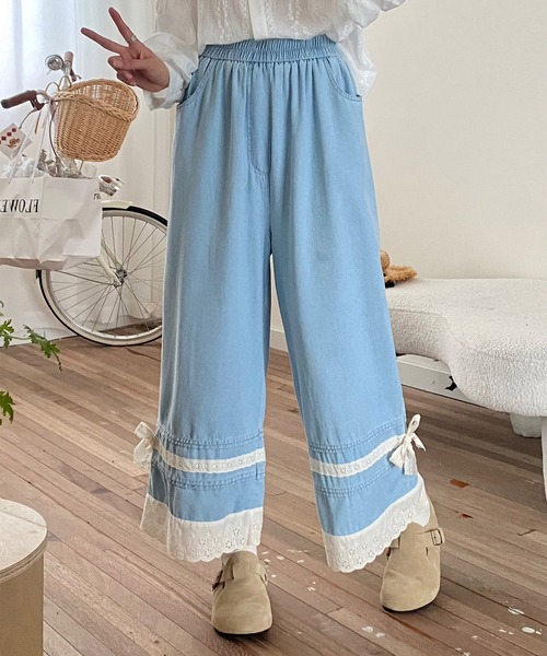 aimoha(アイモハ)の「レース付きデニムワイドパンツ(デニムパンツ・レディース・ライトブルー/ネイビー・FREE)」の19枚目の写真