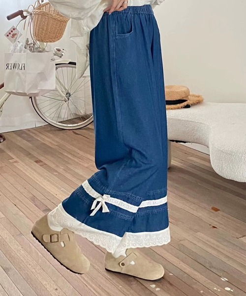 aimoha(アイモハ)の「レース付きデニムワイドパンツ(デニムパンツ・レディース・ライトブルー/ネイビー・FREE)」の21枚目の写真