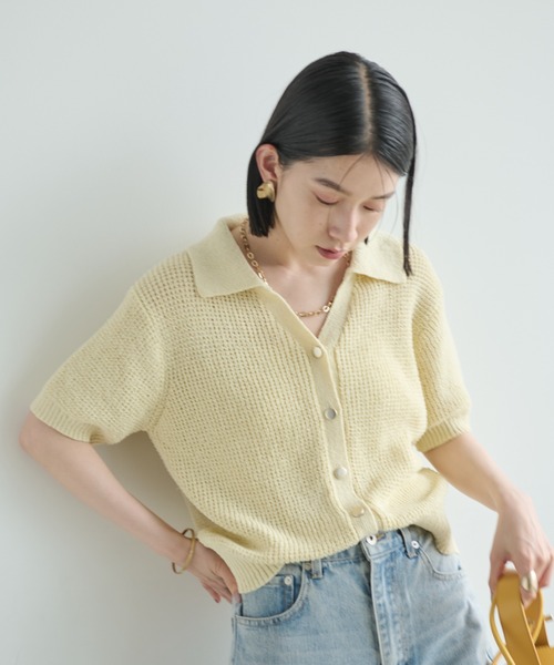 Shelly island（シェリーアイランド）の「ゴールドボタンスキッパーポロサマーニット（ニット/セーター・レディース・ホワイト/ブラック・FREE）」の13枚目の写真