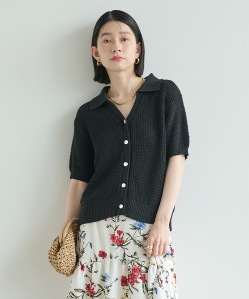 Shelly island（シェリーアイランド）の「ゴールドボタンスキッパーポロサマーニット（ニット/セーター・レディース・ホワイト/ブラック・FREE）」の5枚目の写真