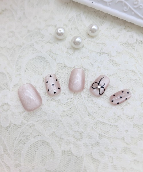 リボン ドット スクエア ネイルチップ セット（ネイルシール/ネイル